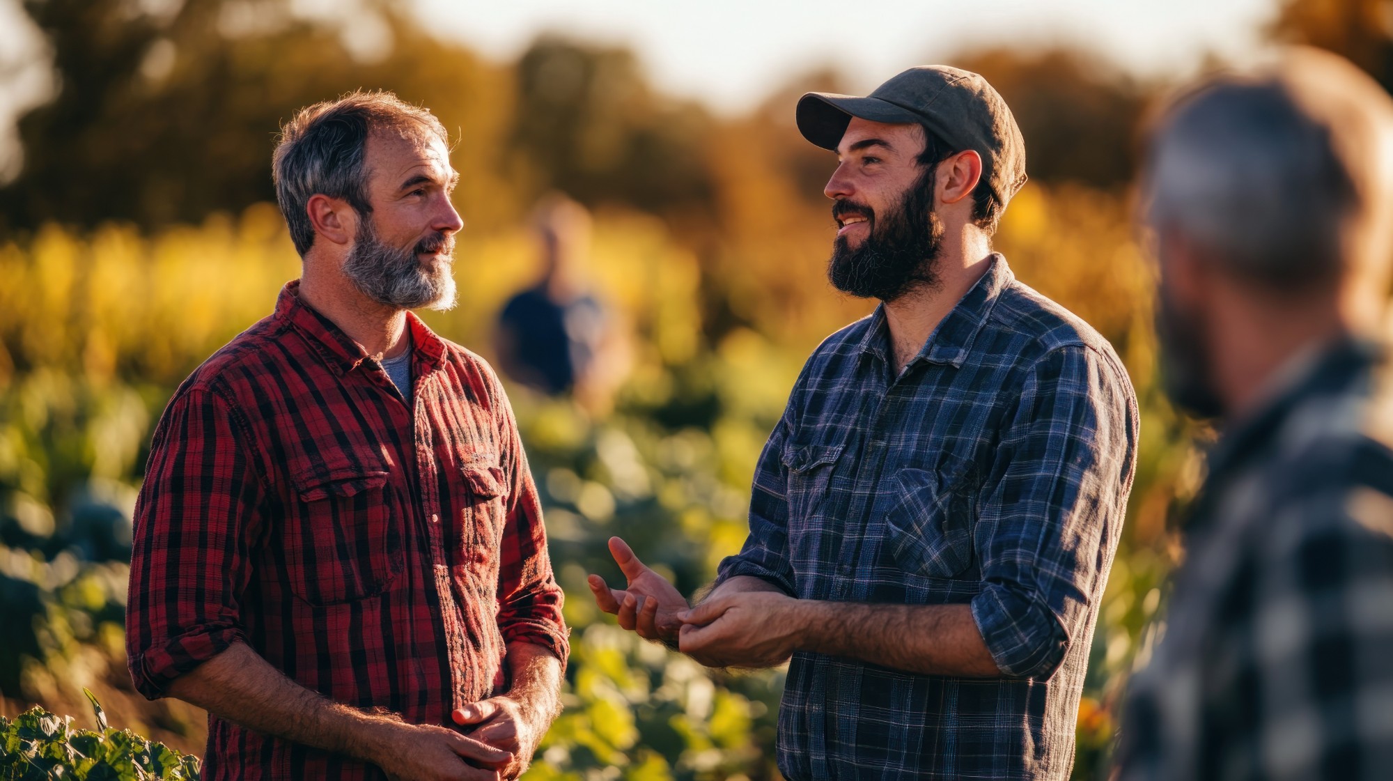 Produtores rurais conversando em lavoura ao entardecer - Solo Vivo