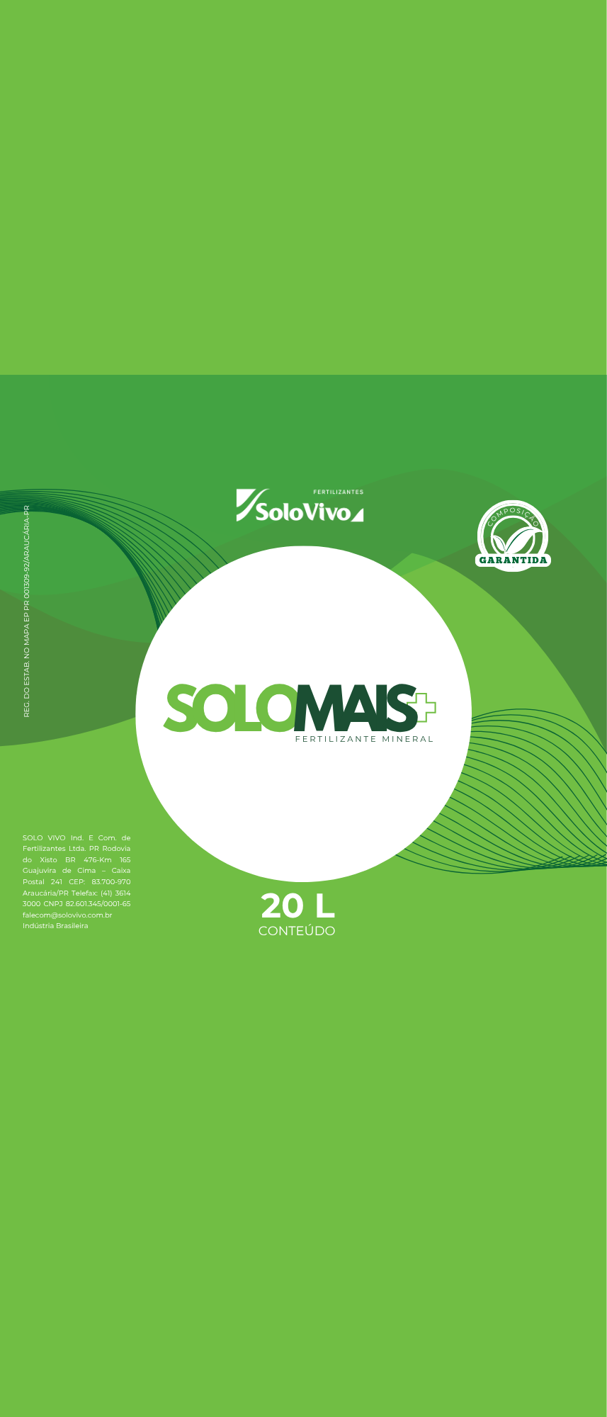 Rótulo do fertilizante mineral Solo Mais+ Solo Vivo 20L