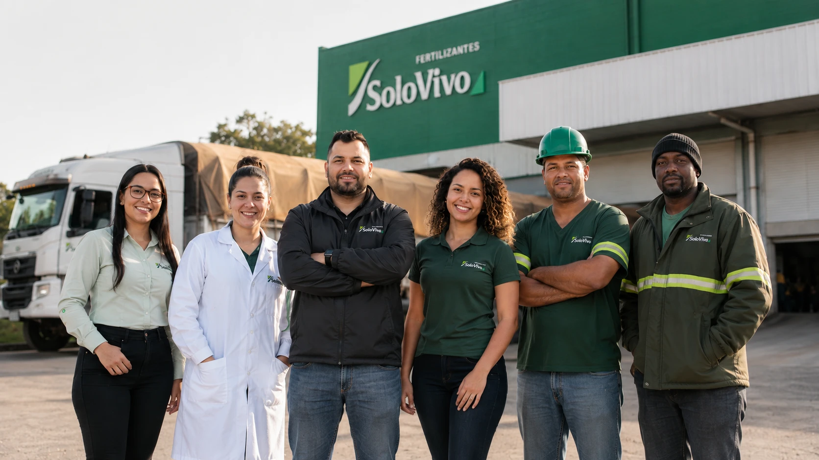Equipe Solo Vivo Fertilizantes em frente à fábrica