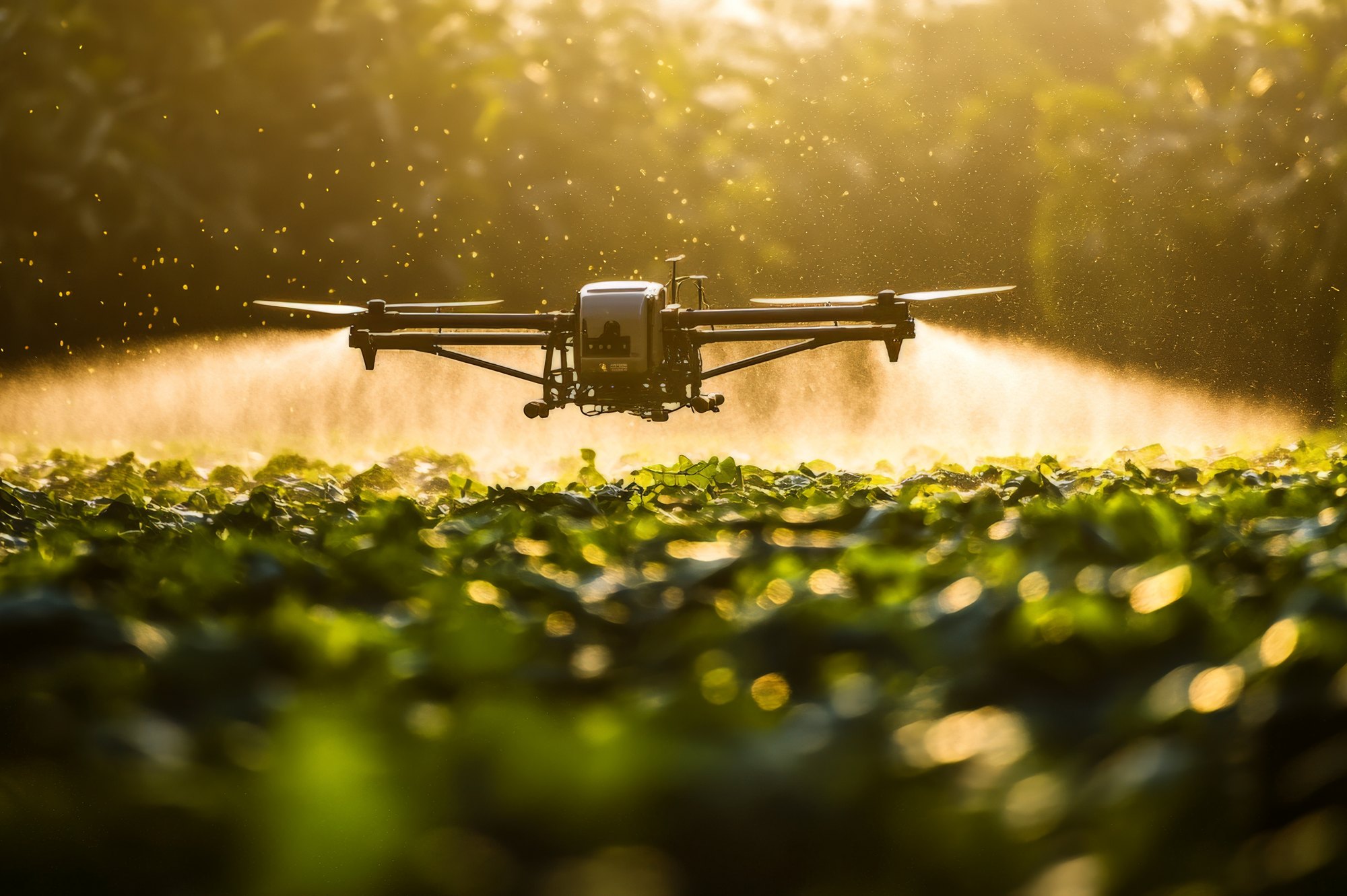 Drone agrícola aplicando produto sobre lavoura ao amanhecer